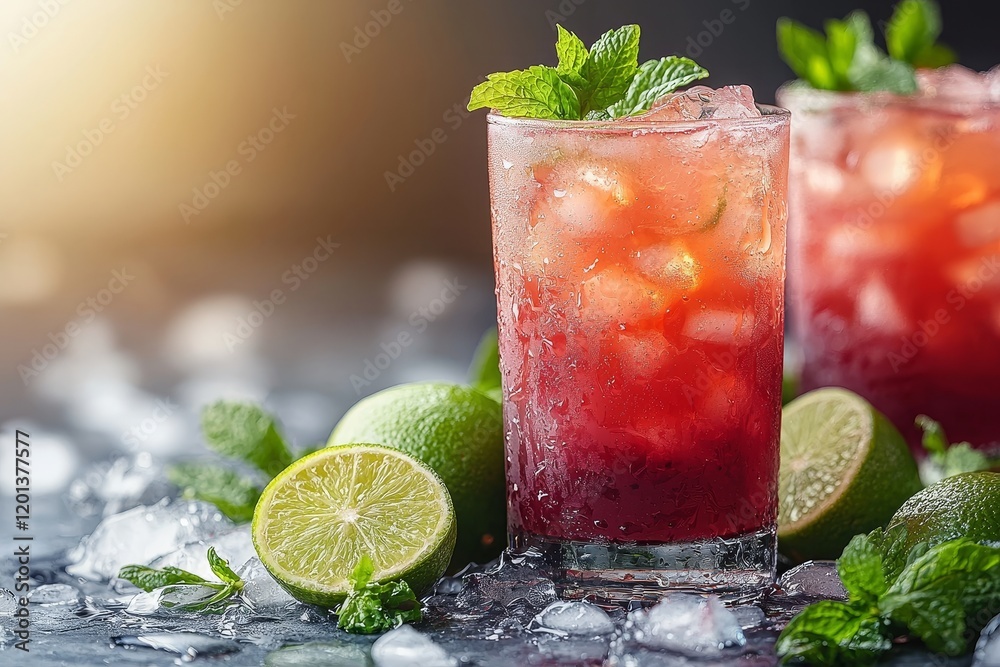 Fototapeta premium Refreshing summer lemonade made from rhubarb, with a zesty twist of lime and a touch of mint
