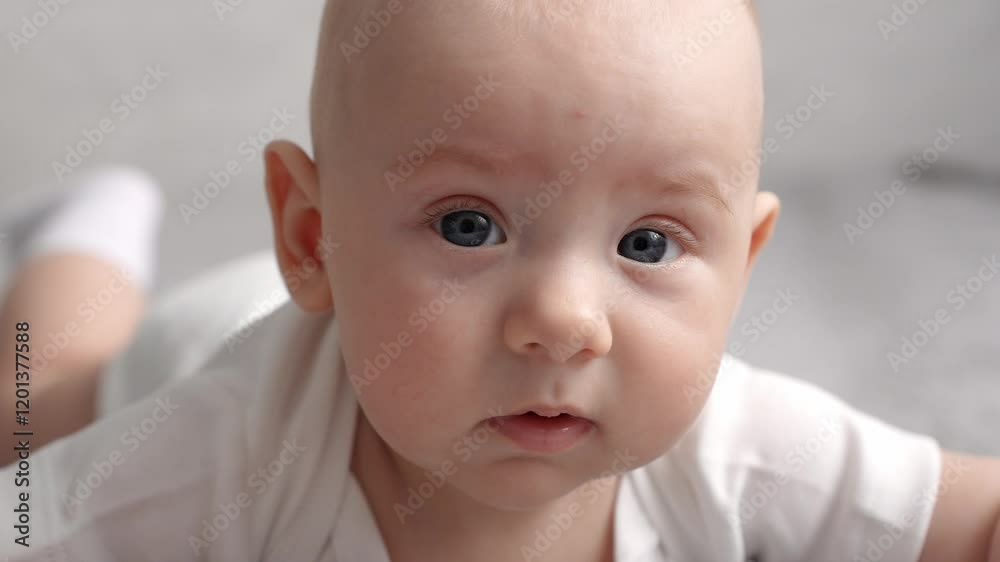 Cute infant looks at camera and around, lying on his stomach, which helps to develop and strengthen muscles of the back and neck, prevent infant colic. Infant activity on stomach. Concept of care Cute infant looks at camera and around, lying on his stomach, which helps to develop and strengthen muscles of the back and neck, prevent infant colic. Infant activity on stomach. Concept of care