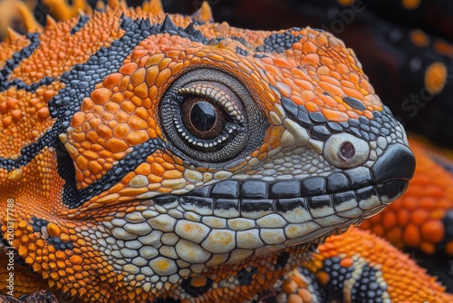 Detailed close-up of a colorful lizard highlighting vibrant patterns and text...