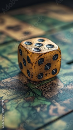 Unique golden dice resting on a vintage board game with intricate details and...