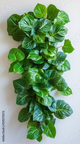 Lush green indoor plant arrangement on a light wall showcasing vibrant foliag...