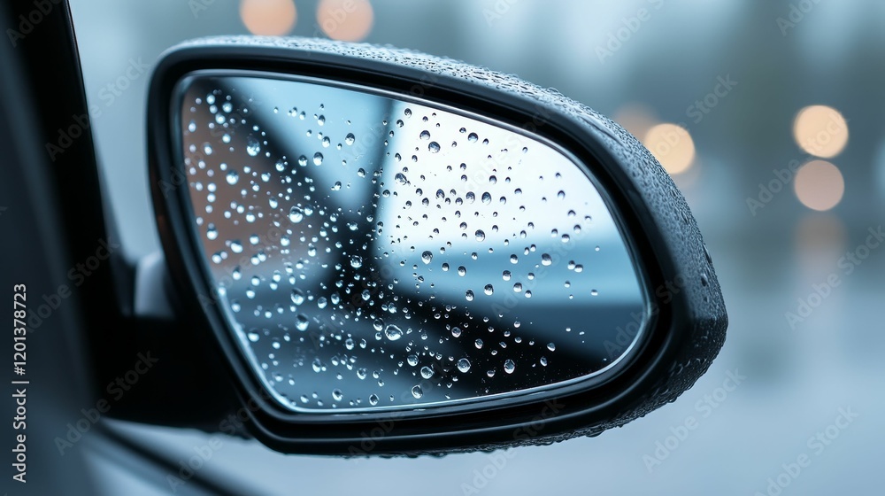 Raindrops cover a car mirror reflecting bokeh lights. Raindrops cover a car mirror reflecting bokeh lights.