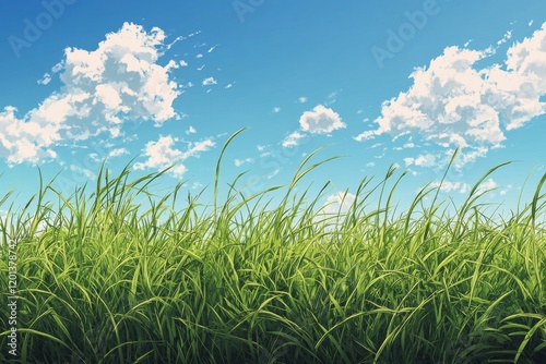 Golden grass sways gently under bright blue sky in open field during sunlight...