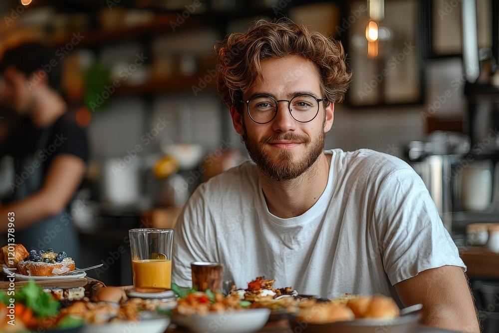 An Asian man having coffee alongside his breakfast An Asian man having coffee alongside his breakfast
