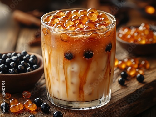 A glass cup of pearl milk tea, also known as bubble tea, alongside a plate of tapioca balls on a wooden background. Pearl milk tea stands as the quintessential beverage of Taiwan photo