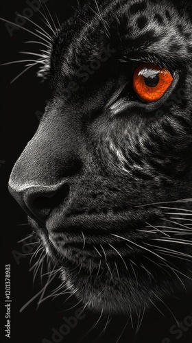 Majestic black cat with striking orange eyes and snowflakes in a dark, enchan...