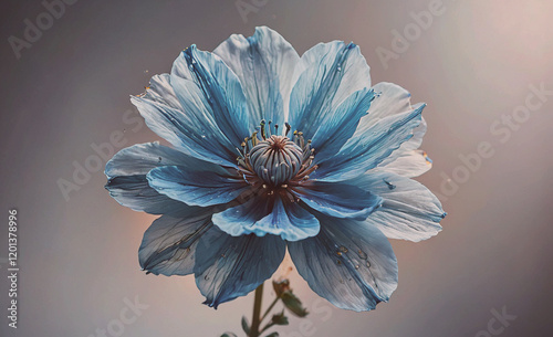 A blue flower with a white center. The flower is surrounded by a blue background. The flower is the main focus of the image