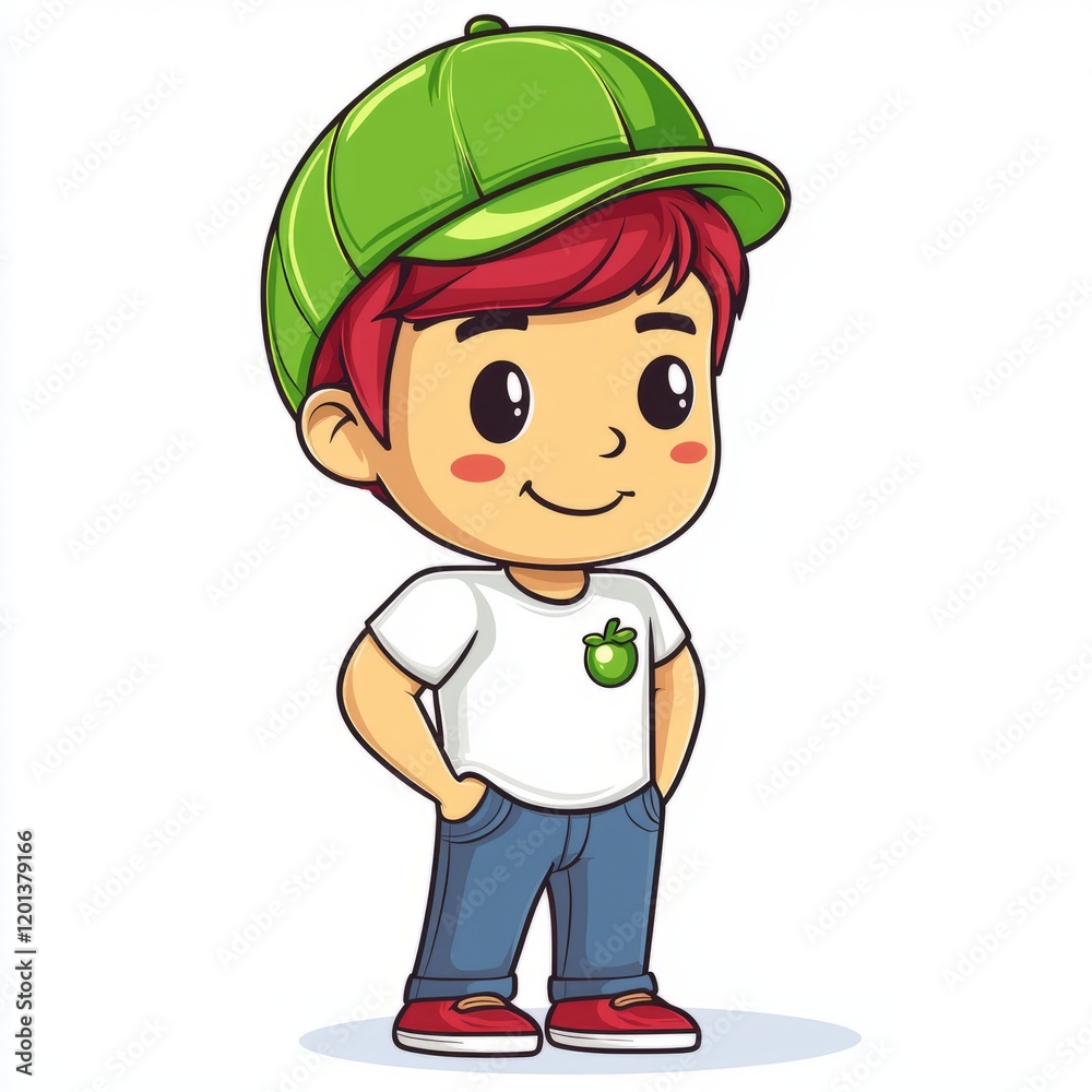 Cartoon Boy Wearing Green Cap and White Shirt Cartoon Boy Wearing Green Cap and White Shirt