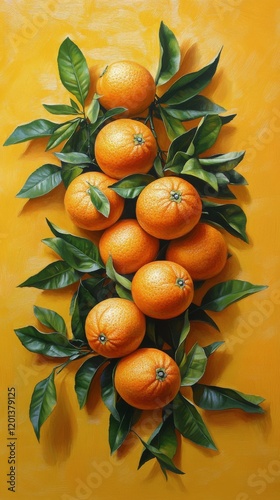 Fresh oranges with green leaves arranged on a bright yellow background