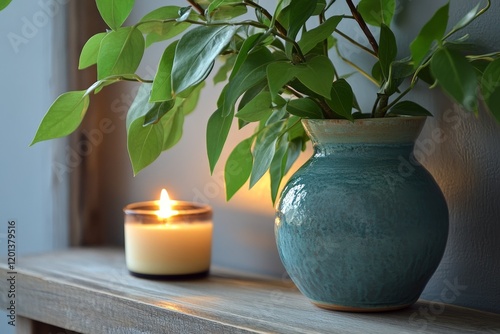 Warm ambiance created by candlelight and green plant on wooden table in cozy ...