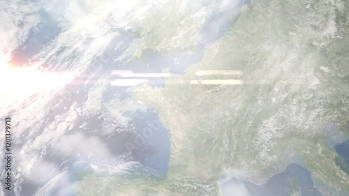 Earth zoom in from space and focus on Laval, France. Background for travel intro or blog. Satellite view. 3D style Animation. Images from NASA.