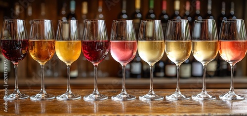 Wine glasses lined up neatly. A buffet table set for a wine tasting celebration. This scene captures the essence of nightlife, festivities, and fun