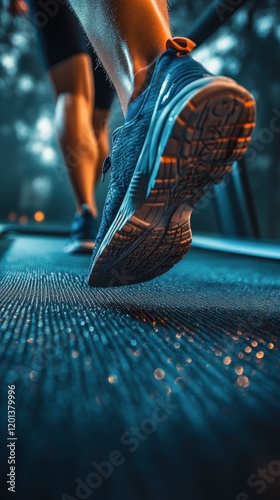 Close up of running feet on a treadmill in a modern gym during evening workou...