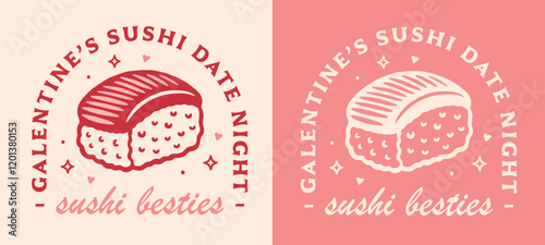 Galentine's day sushi date night besties girls best friends Valentine party printable invitation card. Preppy pink red retro cute kawaii Japanese food aesthetic illustration women shirt design decor.