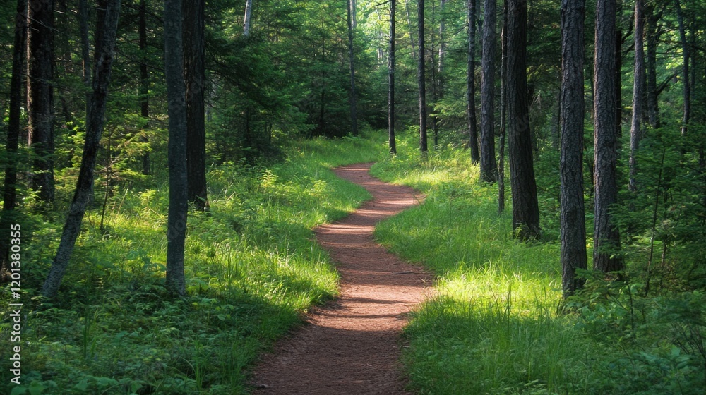 Fototapeta premium Winding Forest Path Through Trees with Green Grass