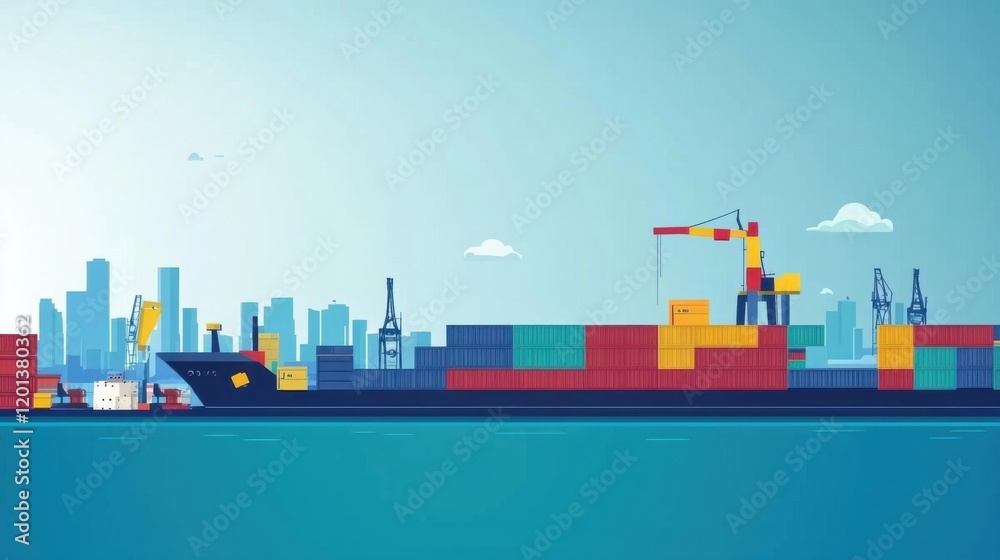 Obraz premium Colorful Illustration of Shipping Port with Containers, Crane, and Cargo Ship against a City Skyline in a Bright Blue Sky