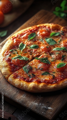 Delicious homemade pizza on wooden board in cozy kitchen with warm lighting