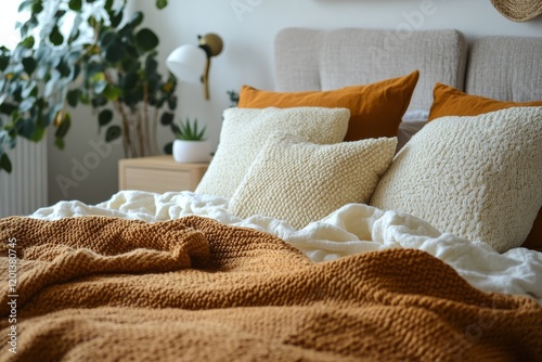 Cozy bedroom setup featuring warm blankets and decorative pillows with natura...