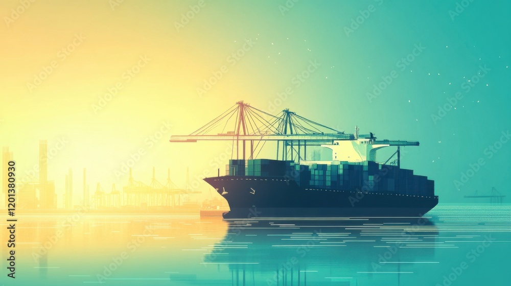Fototapeta premium Modern Cargo Ship Silhouette on Calm Water at Sunset with Industrial Background and Vibrant Color Gradient Sky Reflecting on Water Surface
