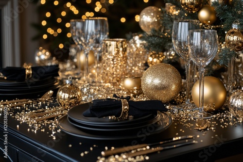 Elegant golden festive table setting with decorative elements and sparkling d...