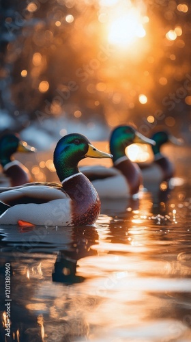 Ducks swimming in shimmering water during golden hour at a serene lake
