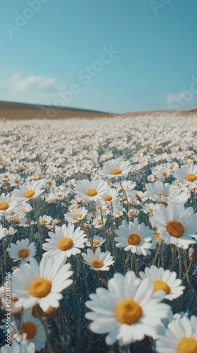 Bright daisies blooming in a vibrant meadow under a clear blue sky with fluff...