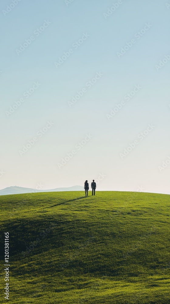 Couple walks hand in hand across a grassy hill at sunset with distant mountains in the background Couple walks hand in hand across a grassy hill at sunset with distant mountains in the background