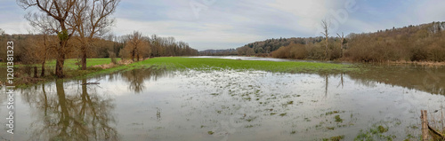 Normandy, France, Europe : Exterior photo view water floods due to climate change in fields creating damage disaster in agriculture environement