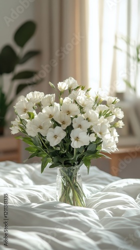 Fresh white flowers in a cozy bedroom with soft bedding and natural light