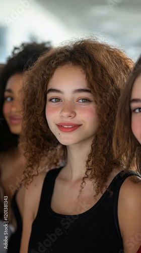 Young girl with curly hair smiling at the camera in a casual setting among fr...