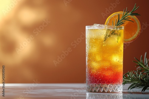 A cold and refreshing orange punch cocktail serves up a vibrant summer drink, garnished with an orange slice against a colorful background
