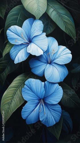 Vibrant blue hibiscus flowers surrounded by green leaves in a dark background
