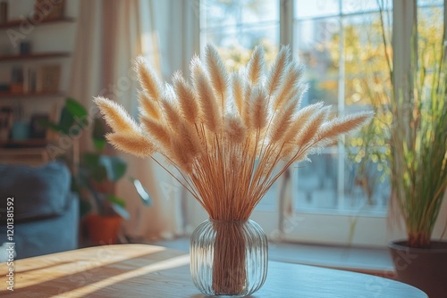 Beautiful display of dried flowers in various vases arranged in a cozy indoor...