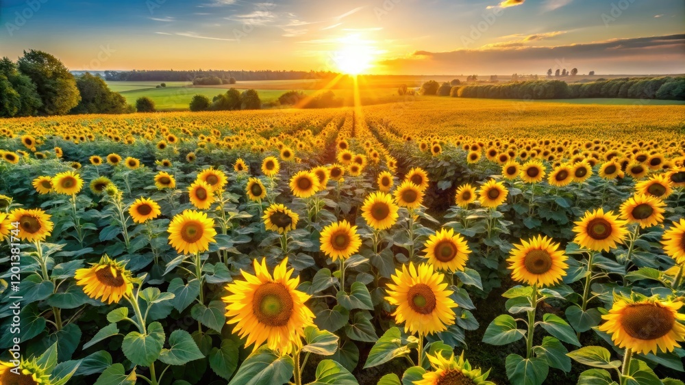 Obraz premium Golden sunflowers bloom in a vast summer field, captured from above by a drone.