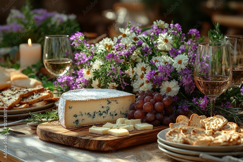 A summer outdoor garden setting adorned with flowers, candles, a bottle of white wine, cheese, and fruits A summer outdoor garden setting adorned with flowers, candles, a bottle of white wine, cheese, and fruits