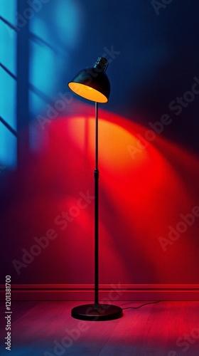 Colorful floor lamp illuminating a cozy living room corner at night