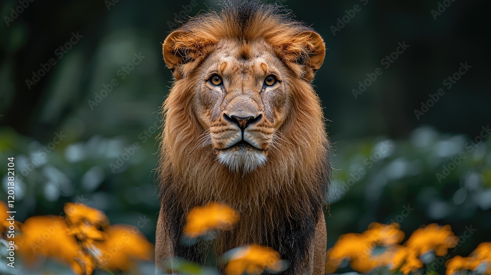 Majestic Lion Amidst Vibrant Yellow Flowers Majestic Lion Amidst Vibrant Yellow Flowers