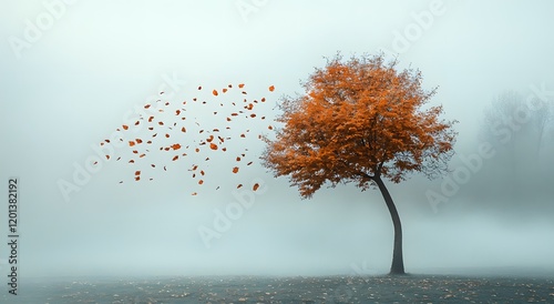 Autumn Tree Losing Leaves In Foggy Landscape