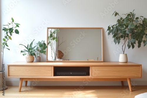 Mid-Century Modern Living Room with Wooden TV Stand and Plants photo