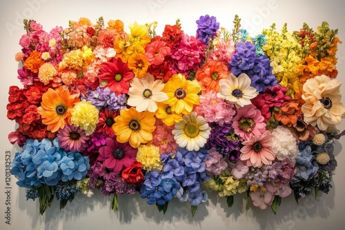 Colorful floral wall decoration featuring assorted paper flowers in vibrant s...