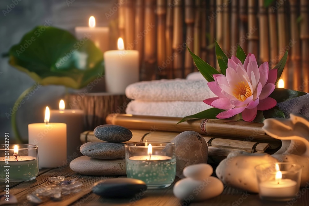 Spa treatment concept. A tranquil spa setting with candles, lotus flowers, and pebbles arranged on a wooden table, accompanied by towels, soaps, and body serums. Spa treatment concept. A tranquil spa setting with candles, lotus flowers, and pebbles arranged on a wooden table, accompanied by towels, soaps, and body serums.
