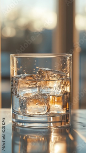 Refreshing glass of sparkling water with ice in a cozy setting during the eve...