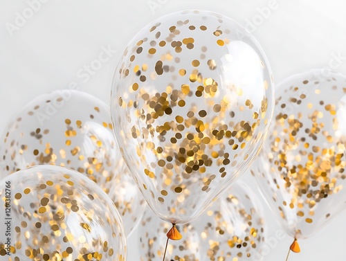 Clear balloons filled with shimmering gold confetti creating a celebratory mood on white