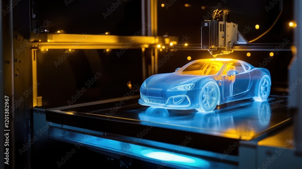 A translucent blue car being crafted by a 3D printer with bright yellow lighting, showcasing precision in Automotive 3D Printing and Additive Manufacturing A translucent blue car being crafted by a 3D printer with bright yellow lighting, showcasing precision in Automotive 3D Printing and Additive Manufacturing