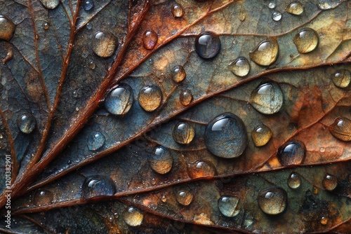 Detailed close-up of water droplets on a leaf showcasing nature's beauty afte...