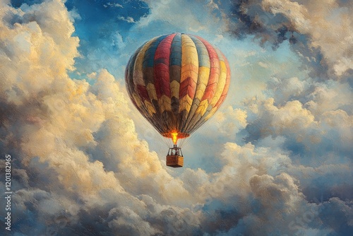 Colorful hot air balloon soaring through a picturesque sky at sunrise