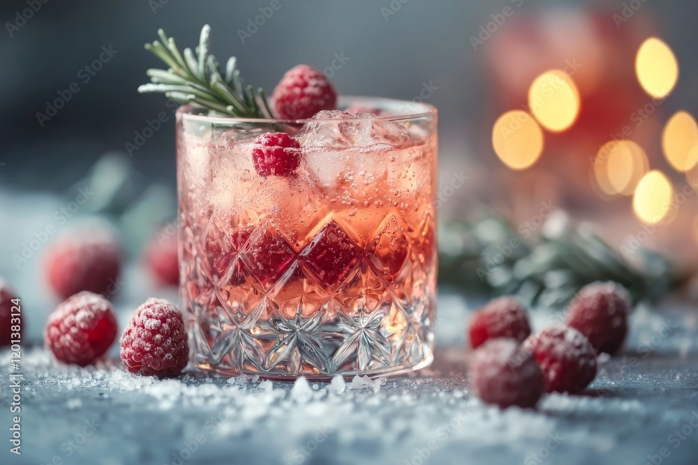 Christmas pink drink made with raspberry and rosemary, served with ice Christmas pink drink made with raspberry and rosemary, served with ice