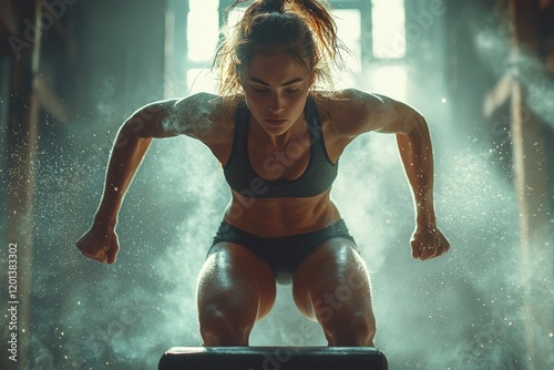 Exercising. A side view of a stunning athletic woman in workout clothes training her legs at the gym photo