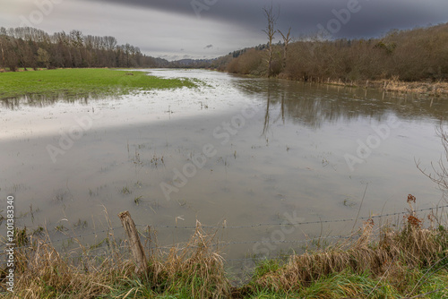Normandy, France, Europe : Exterior photo view water floods due to climate change in fields creating damage disaster in agriculture environement
