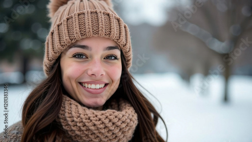 Beautiful happy young woman in knitted hat and scarf in Mocha Mousse color on the background of a winter park, snowfall